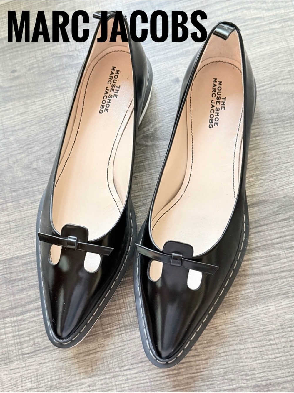 Marc Jacobs The Mouse Shoe Black Leather Pointed Demi Wedge Flats 36